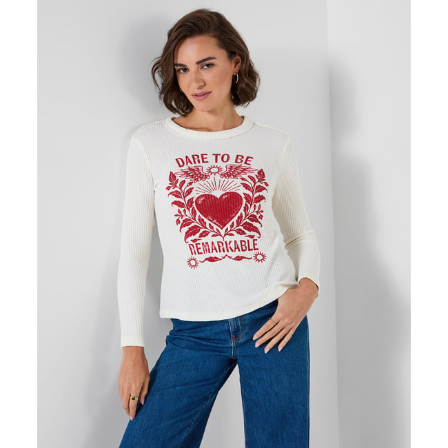 Henley en Jersey à Manches Longues Texture Gaufrée et Imprimé beige <span itemprop=