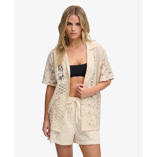 Chemise Resort Beach Dentelle Coupe Décontractée écru poudré <span itemprop=