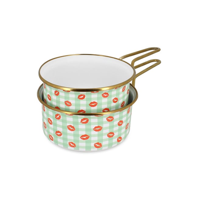 Lot de 2 casseroles 16/18 cm en acier émaillé, VICHY BISOUS vert <span itemprop=