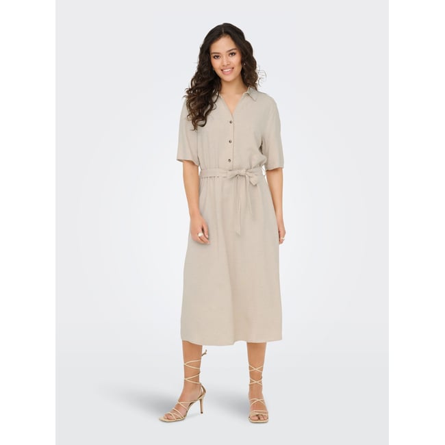 Robe mi-longue avec ceinture, col chemise beige <span itemprop=