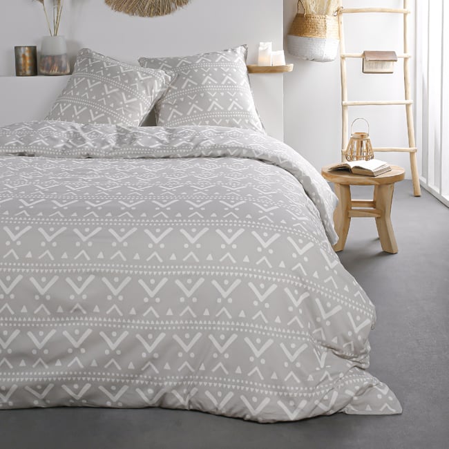 Parure de lit coton 2 personnes imprimé ethnique SUNSHINE gris <span itemprop=