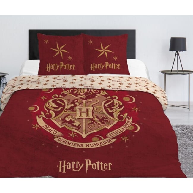Parure de Lit Double, Textile Oeko-Tex, Imprimée Réversible, POUDLARD ROUGE rouge <span itemprop=