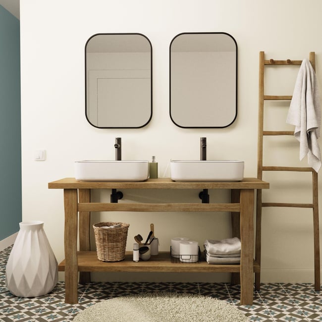 Meuble double vasque sur pieds 140cm en chêne massif esprit établi OFICIO Couleur chêne <span itemprop=