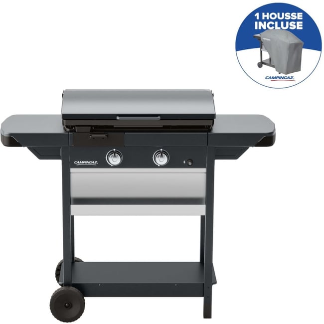 Plancha gaz EX plus noir 2brûleurs sur chariot, 66x42cm + housse gris <span itemprop=
