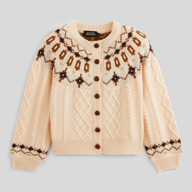 Pull à motifs jacquard et maille torsadée amaretti <span itemprop=