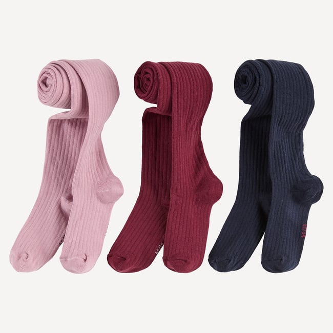 Lot de 3 paires de collants unies côtelées rose + marine <span itemprop=