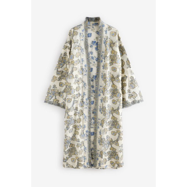Tunique longue style kimono bleu/or fil coupé <span itemprop=