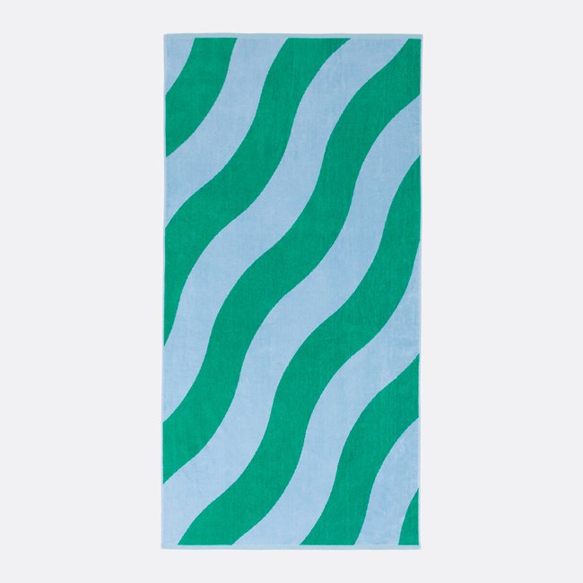 Toalha de praia em turco aveludado, Scénario Vague verde/azul <span itemprop=