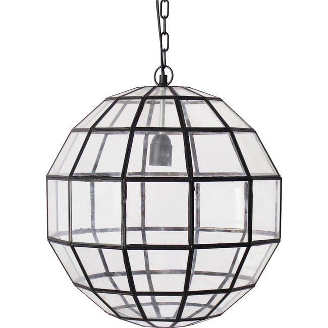 Suspension florale en verre décoré rond style contemporain Couleur verre transparent et métal noir <span itemprop=