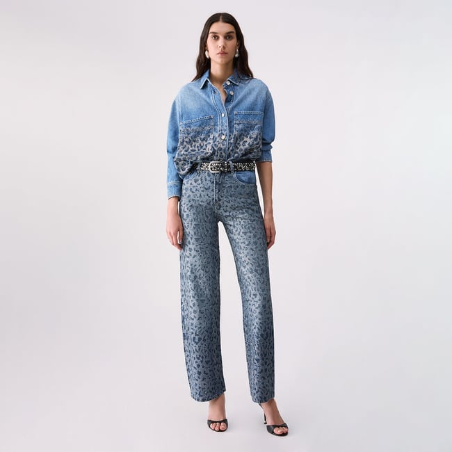 Jean droit avec strass animalier denim bleu <span itemprop=