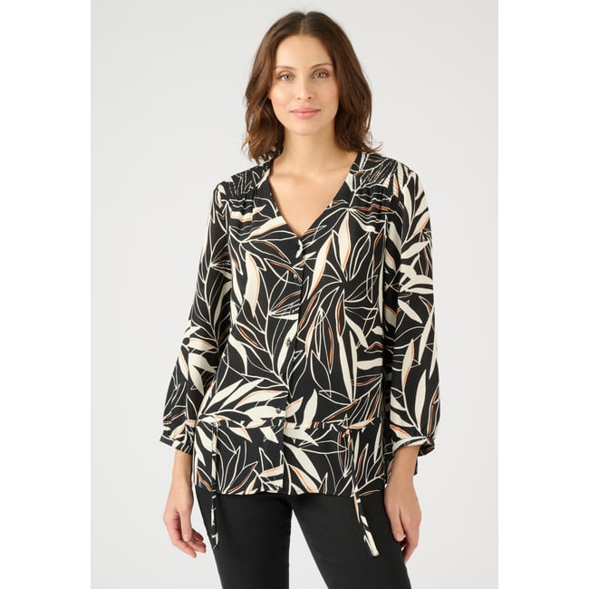 Chemisier tissu crêpe pure viscose noir feuillage <span itemprop=