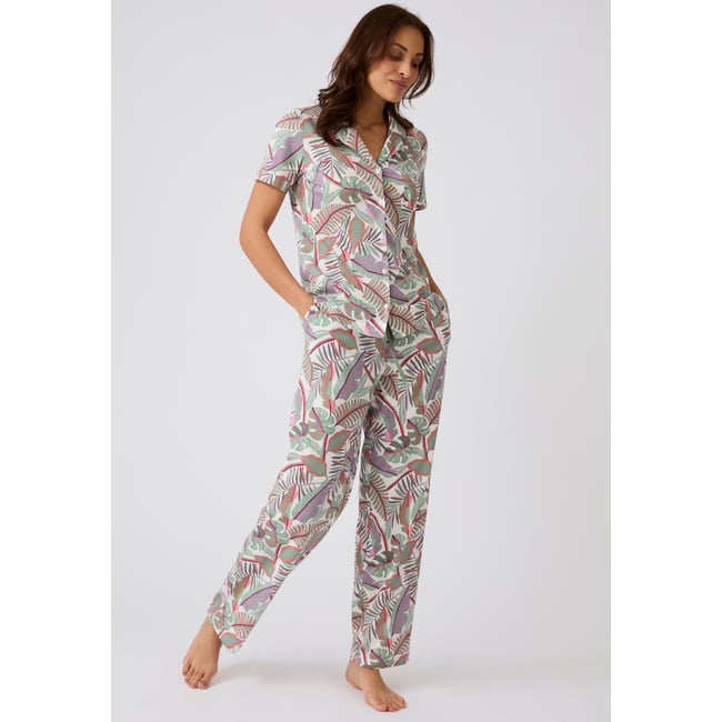 Chemise de pyjama en pur coton peigné marron ecru tropical <span itemprop=
