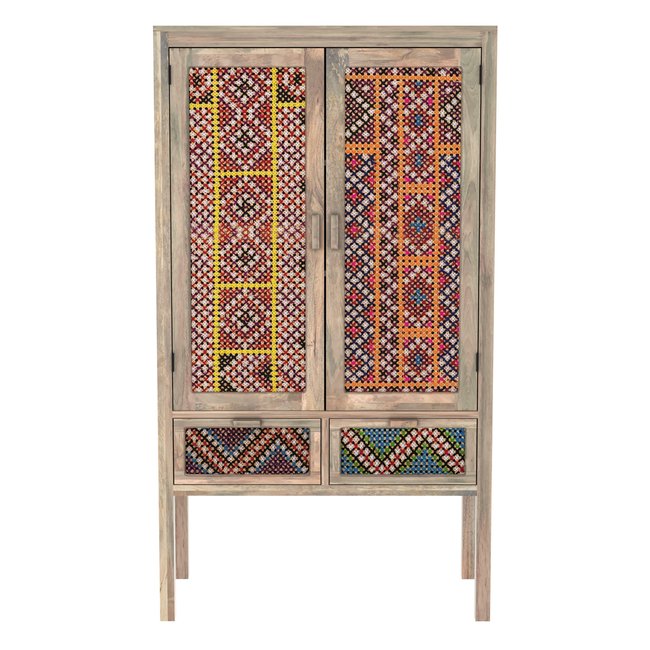 Armoire 2 portes 2 tiroirs en manguier et cannageé - MASSAÏ Couleur bois clair <span itemprop=