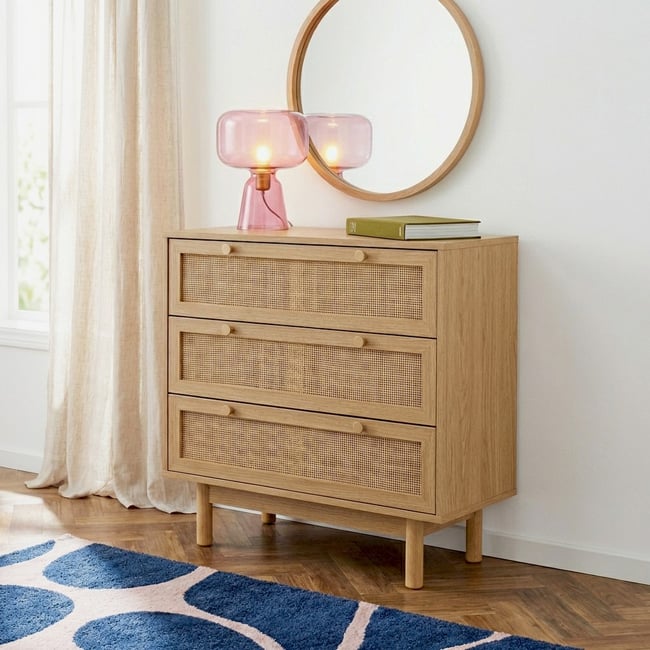 Commode cannage rotin 3 tiroirs  HELENA Couleur chêne clair <span itemprop=