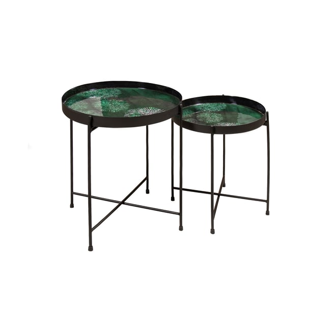 Set de 2 tables d'appoint avec plateau émaillé, GELA Couleur noir-vert <span itemprop=