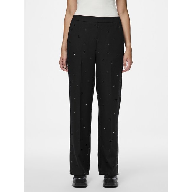 Wide Leg Trousers with High Waist and Diamanté Detailing, black, PIECES