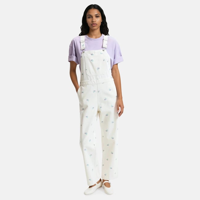 Salopette brodée fleurs, pur coton ivoire brodé <span itemprop=