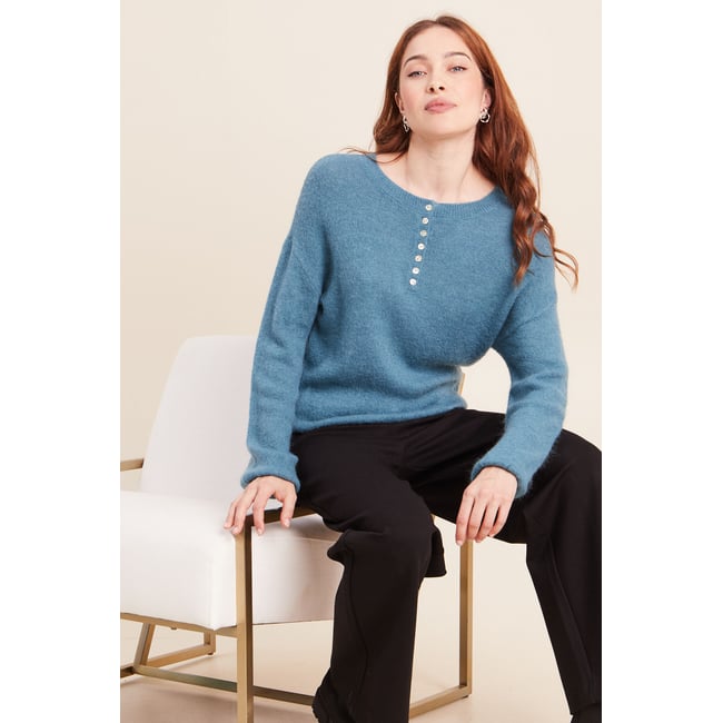 Pull col tunisien bleu pétrole <span itemprop=