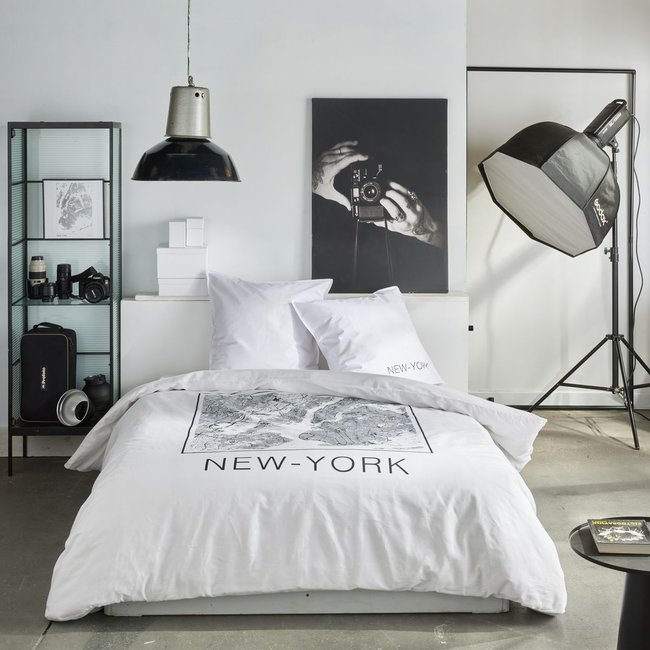 Parure de lit imprimé graphique coton JAVA NEW YORK blanc <span itemprop=
