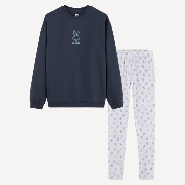 Pijama com camisola em moletão e leggings, com estampado de ursinhos marinho/cinza mesclado <span itemprop=