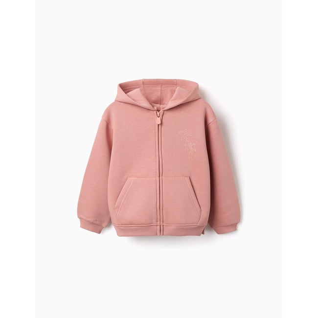 Sweat zippé à capuche en coton peigné avec imprimés floraux rose <span itemprop=