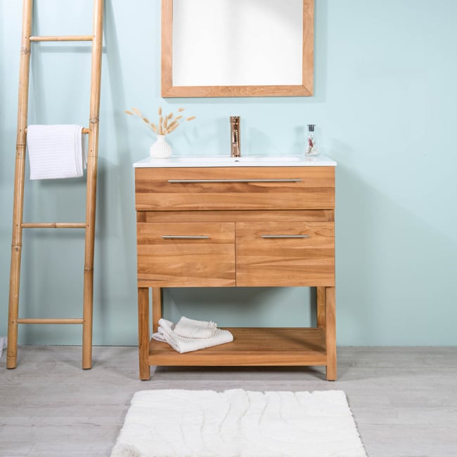 Meuble salle de bain en teck et céramique Bagster 80 cm Couleur crème <span itemprop=