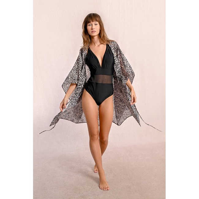 Robe de plage à imprimé léopard beige <span itemprop=