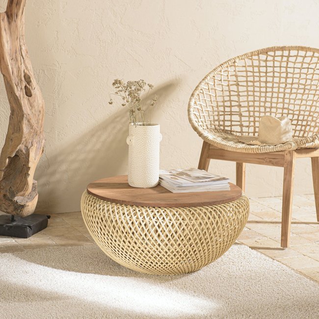 Table basse coffre ronde rotin beige et teck recyclé 66 cm SWING Couleur beige <span itemprop=