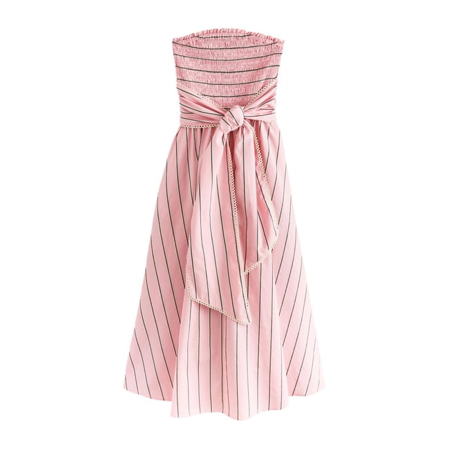 Robe midi à fronces et encolure bandeau rose à rayures <span itemprop=