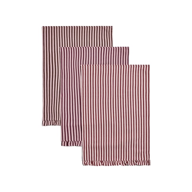 Torchon tissé à rayures et volants, lot de 3 rouge bordeaux <span itemprop=