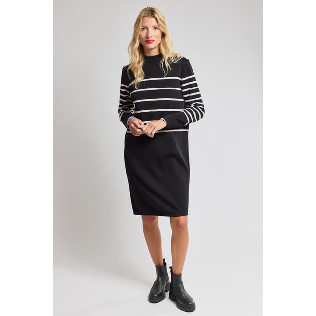 Robe pull rayée en laine noir/nature <span itemprop=