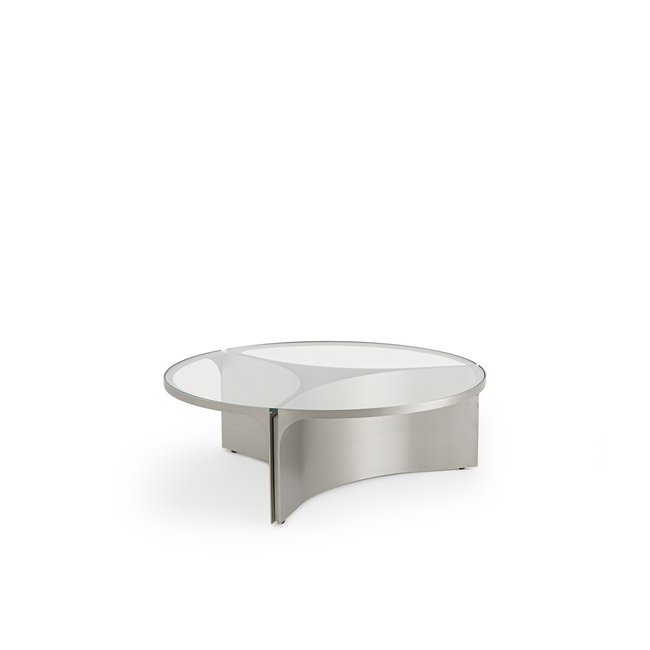 Table basse verre et métal, petit modèle, Gira nickel satiné <span itemprop=