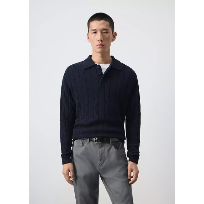 Pull polo 100 % laine maille torsadée bleu marine <span itemprop=