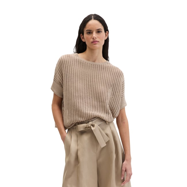 Pull-over en maille à manches courtes boxy en mélange coton organique-lin beige <span itemprop=
