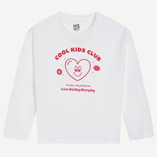 T-shirt col rond, à manches longues, imprimé coeur et message ecru <span itemprop=