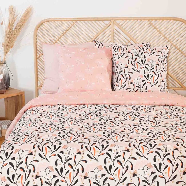 Parure housse de couette en satin de coton imprimée, Joy rose <span itemprop=