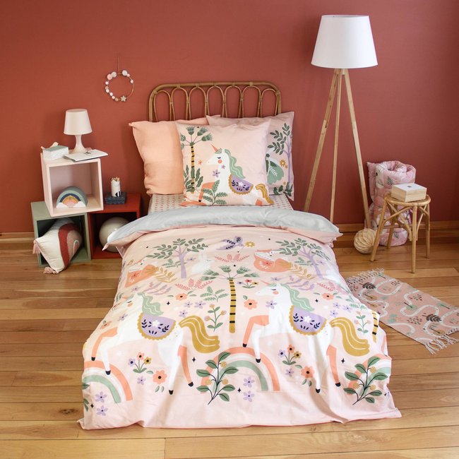 Parure de lit coton réversible imprimé licorne/danseuse 1 place 140 x 200cm FEERIE rose <span itemprop=