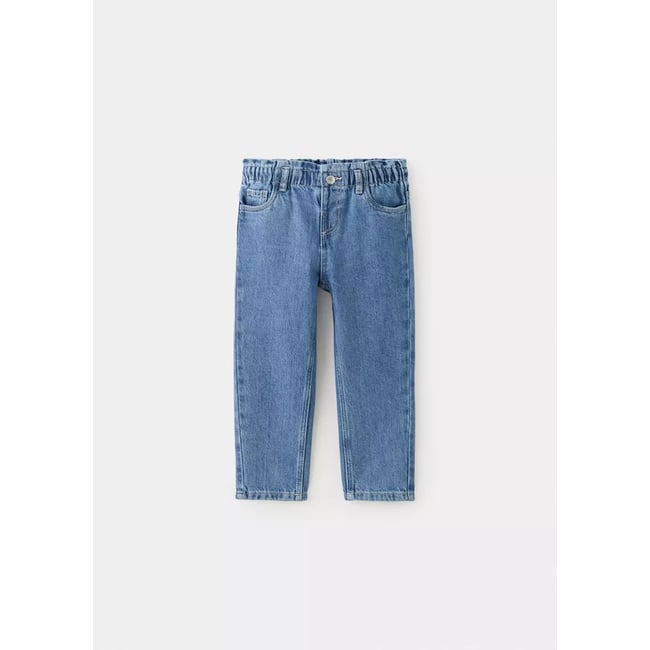 Jean paperbag à taille froncée bleu moyen <span itemprop=