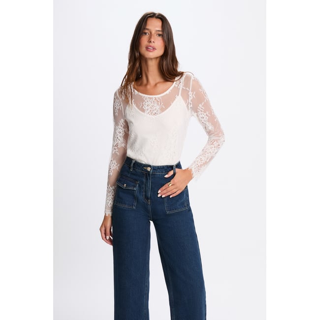 T-shirt dentelle manches longues ivoire <span itemprop=