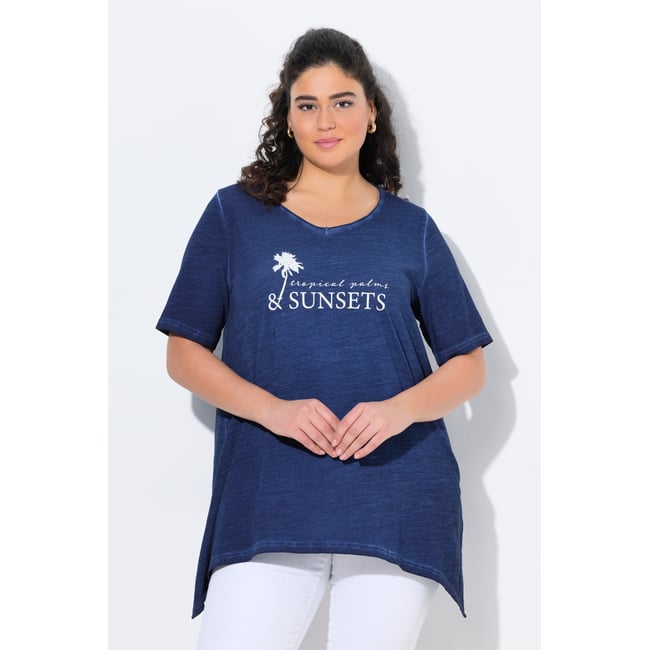 T-shirt, cold dyed, coupe évasée, col V bleu encre <span itemprop=