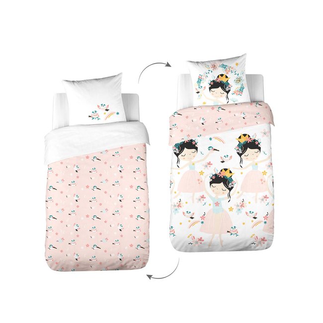 Parure de lit polycoton réversible imprimé princesse et oiseaux 1 place 140 x 200cm DIANA rose <span itemprop=