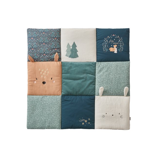 Tapis de sol / fond de parc patchwork coton et velours BROCÉLIANDE vert imprimé <span itemprop=