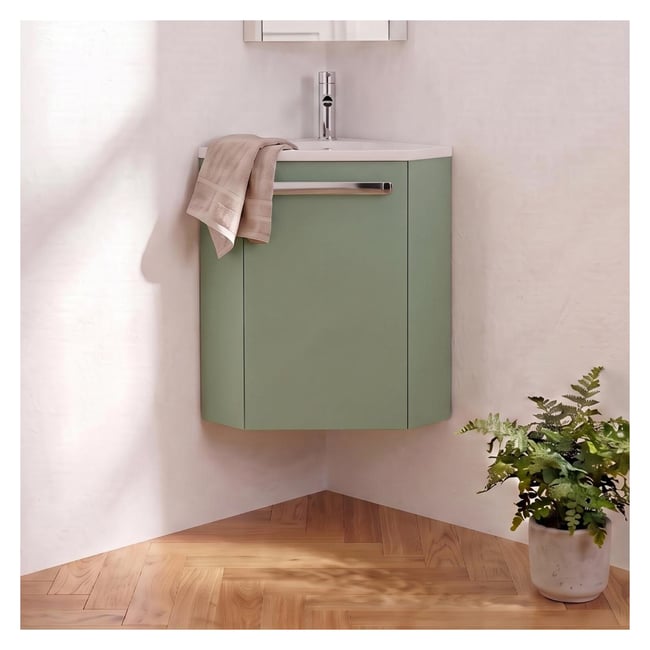 Ensemble lave-mains d'angle + robinet SKINO Couleur vert satiné <span itemprop=
