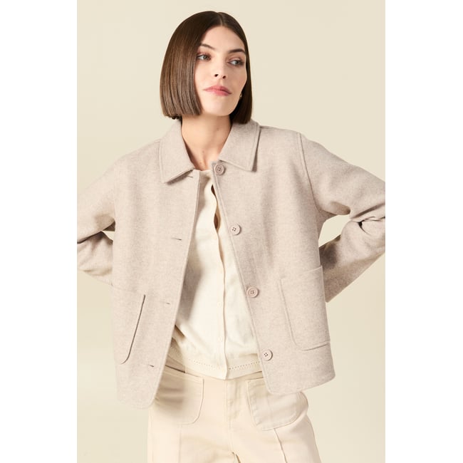 Cardigan droit court col classique creme <span itemprop=