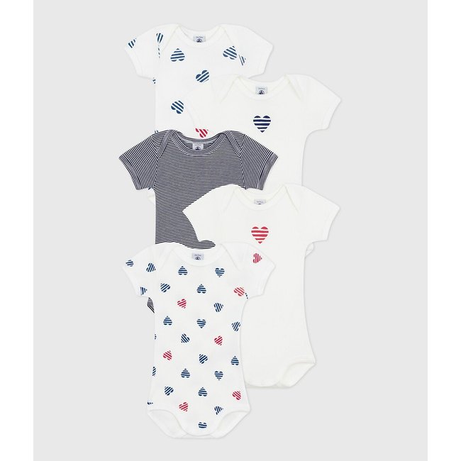Pack of 5 Bodysuits with Short Sleeves, white/grey, PETIT BATEAU