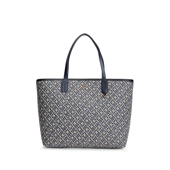 Sac tote en jacquard à monogramme TH marine/blanc <span itemprop=
