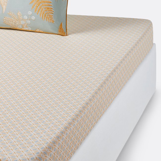 Drap housse en percale de coton, Fougère imprimé jaune <span itemprop=