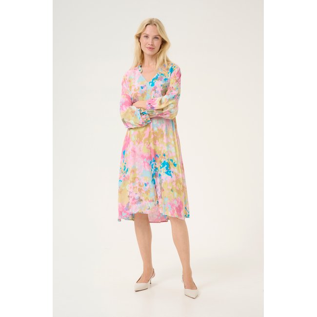 Dress coupe relax jaune/rose abstract <span itemprop=