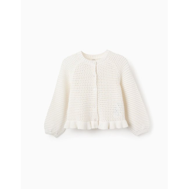 Gilet en Maille Ajourée avec Volants blanc <span itemprop=