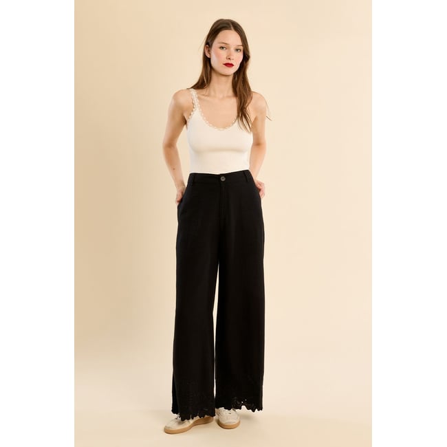 Pantalon droit, en coton noir <span itemprop=